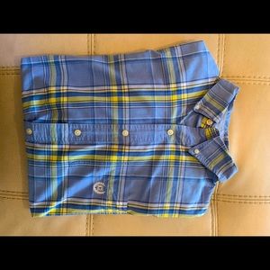 Short sleeve Chaps shirt. Blue with yellow and black stripes.80%Cotton /40%Poly